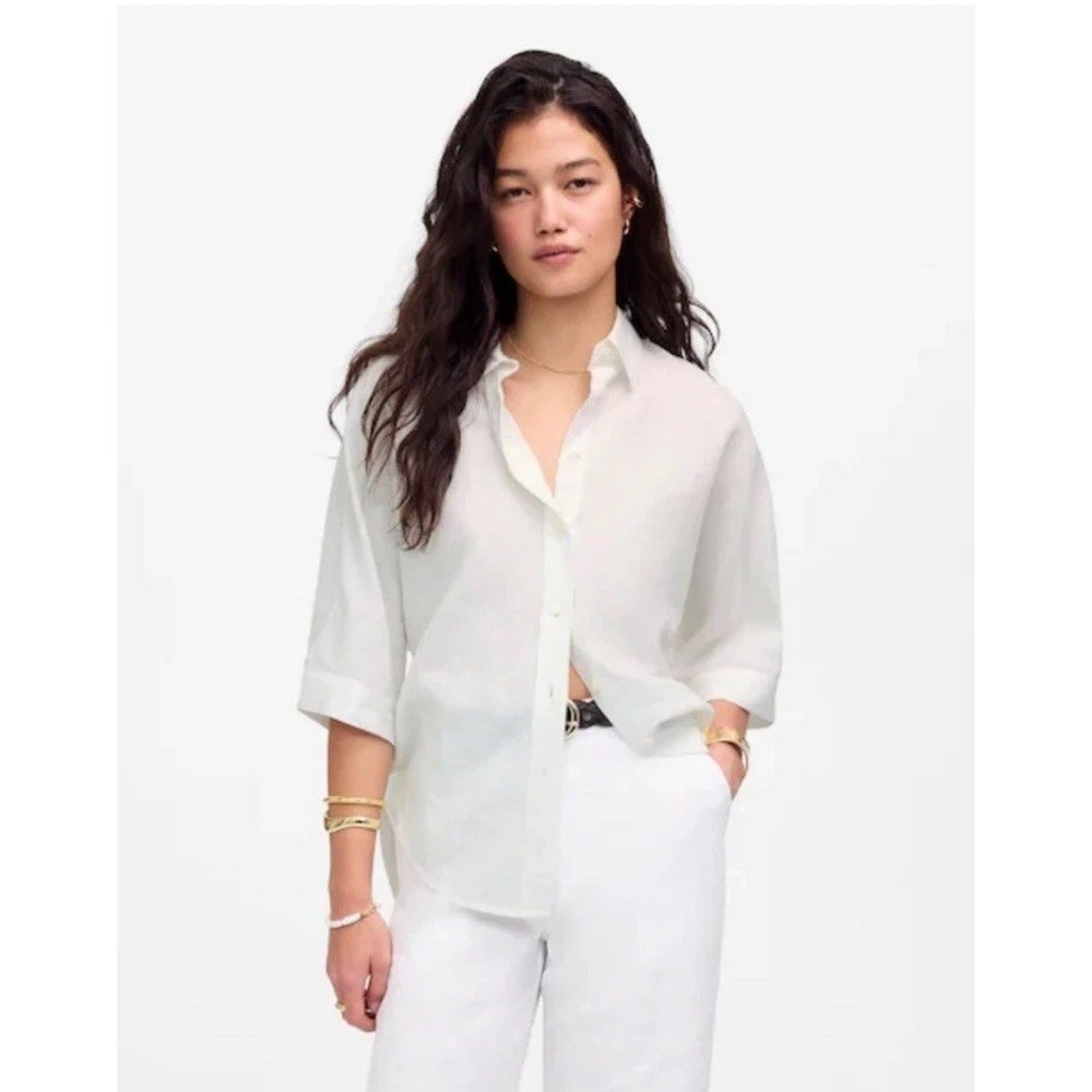 Madewell Oversized‎ Pleated-Sleeve Button-Up White Shirt Small NWT Linen Cotton